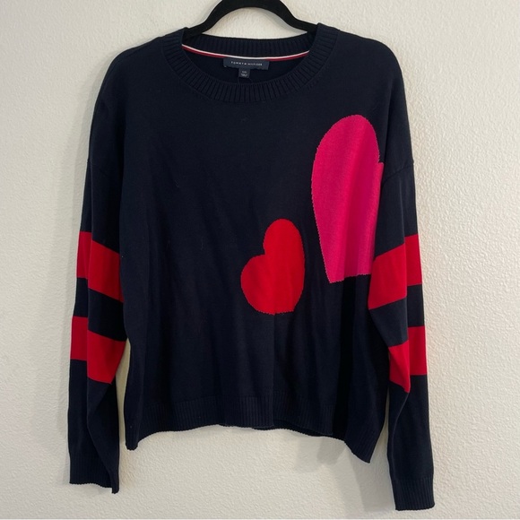 Tommy Hilfiger Women's Cropped Double Heart Sweater Navy Crewneck Size Large. - Picture 3 of 12